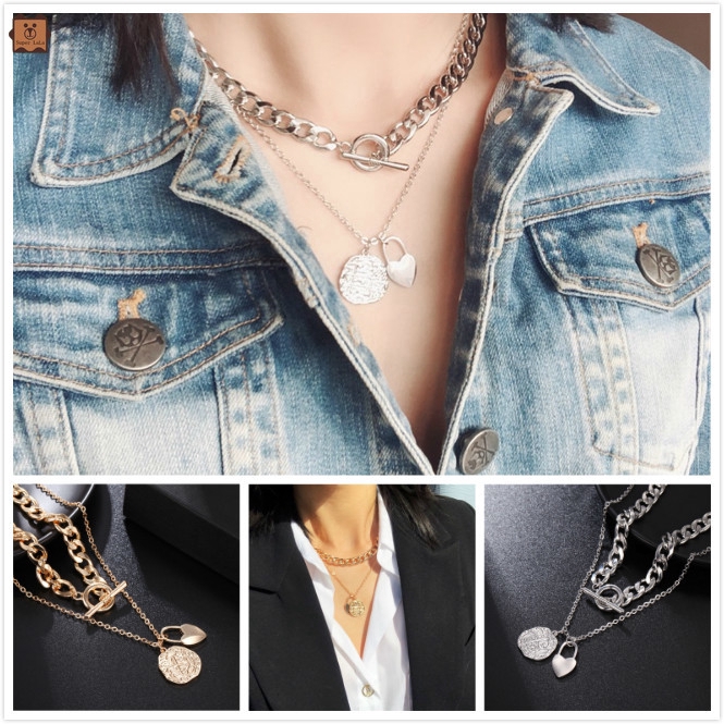 Dây Chuyền Hai Lớp Mặt Hình Ổ Khóa Trái Tim Thời Trang Cho Nữ