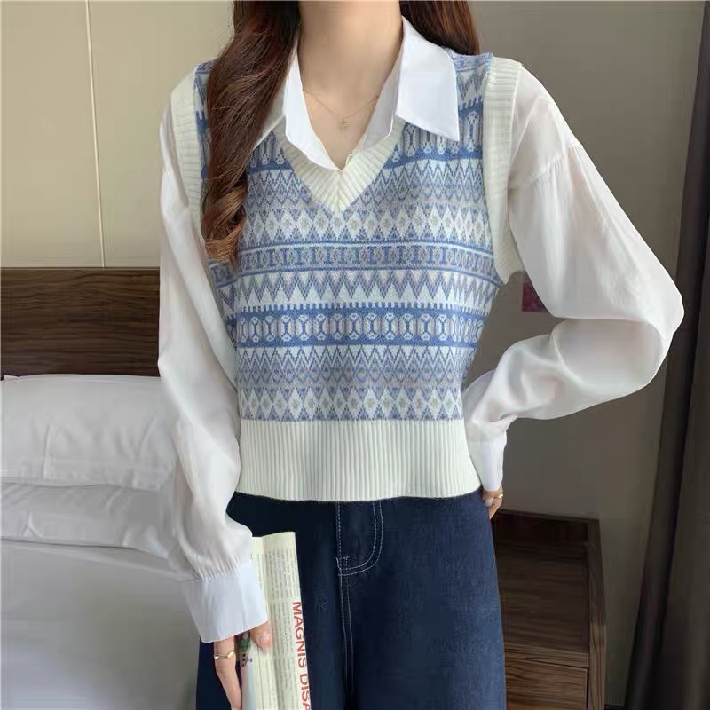 Áo gile len nữ - Áo len nữ dệt kim thổ cẩm dày dặn kiểu cổ V phong cách thời trang Hàn Quốc 2021