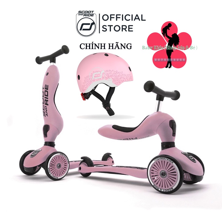 SCOOT AND RIDE - Bộ xe chòi chân, xe scooter và mũ đội đầu phản quang cho bé 1-5 tuổi, màu Rose