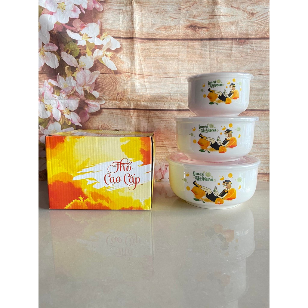 Bộ 3 thố sứ nắp nhựa hút chân không ( mẫu ngẫu nhiên )