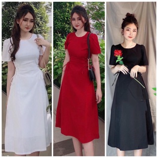 Đầm midi váy đan dây eo cổ tròn 3 màu (kèm hình thật)