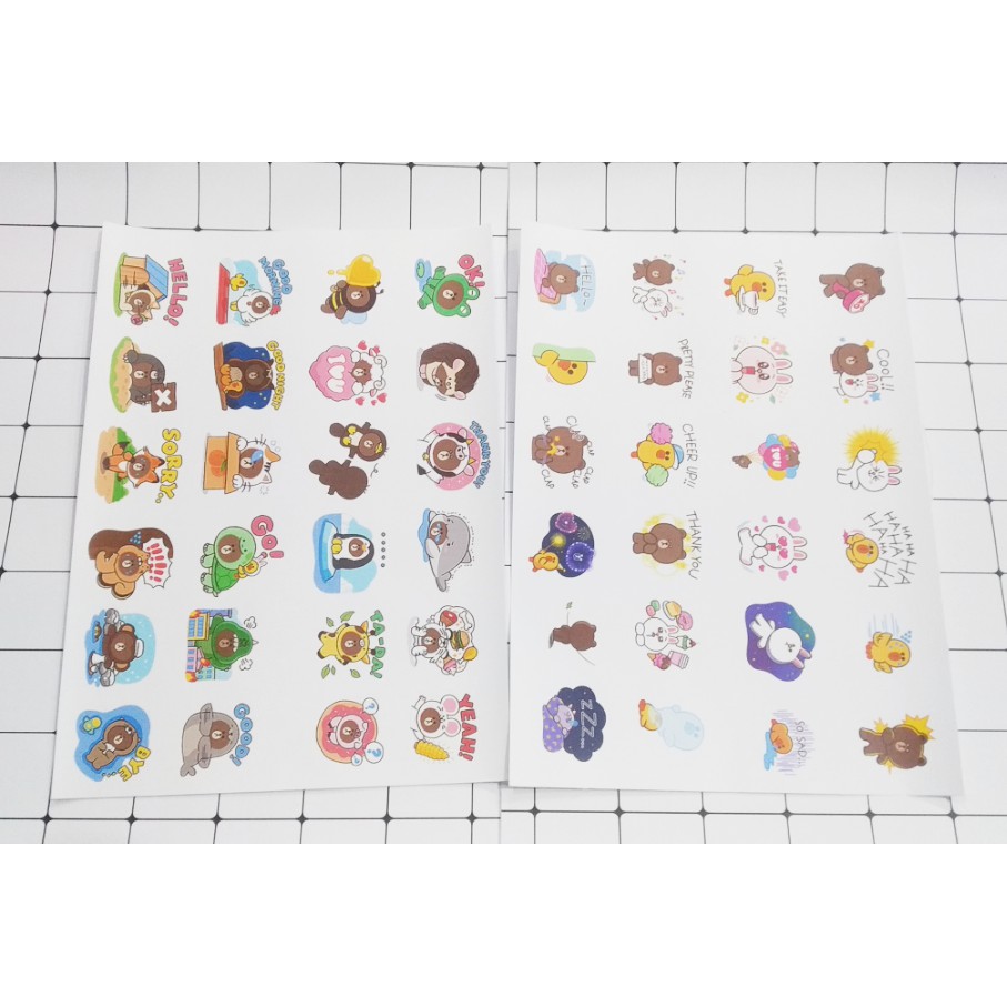 sticker gấu brown thỏ cony vịt sally A4 không bế S4A8 cute dễ thương