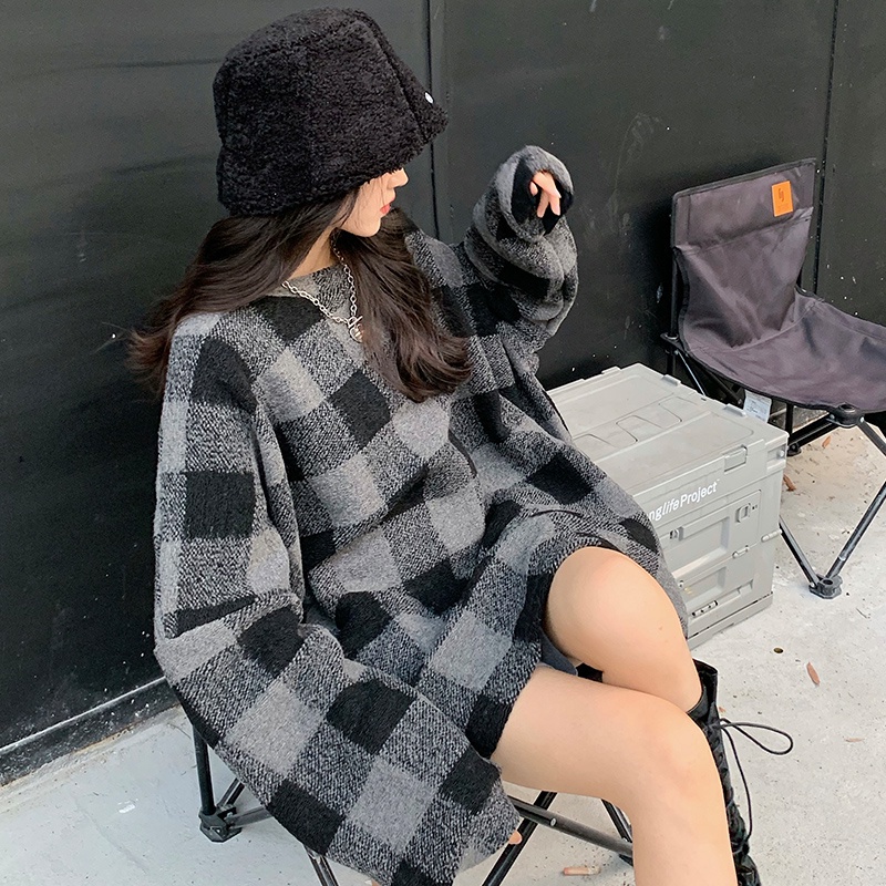 Áo sweater nữ tay dài dáng rộng kẻ sọc caro phong cách Hàn Quốc mới
 | BigBuy360 - bigbuy360.vn