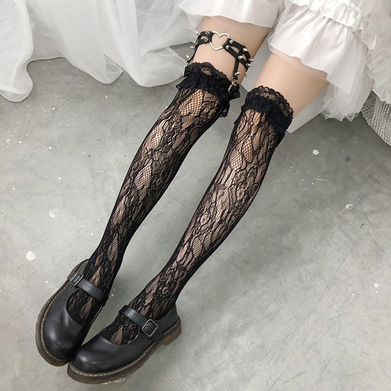 Youyo Đai Nịt Bít Tất Co Giãn Phối Ren Bèo Phong Cách Gothic Punk