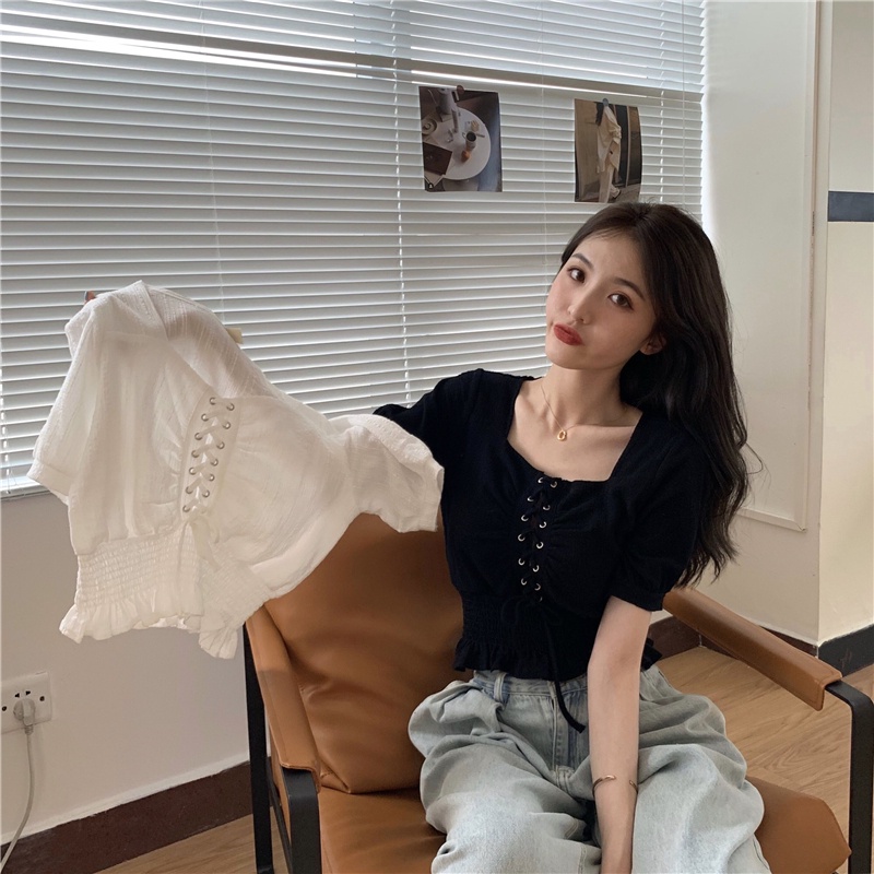 SUXI Áo Sơ Mi Tay Ngắn Cổ Vuông Màu Sắc Đơn Giản Thời Trang Mùa Hè Xinh Xắn Cho Nữ