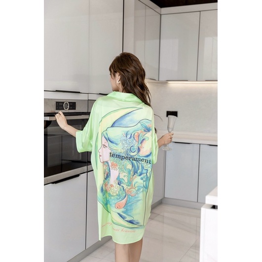 Váy ngủ sơmi lụa tay lỡ nàng tiên hạ lụa satin cao cấp quảng châu T004.