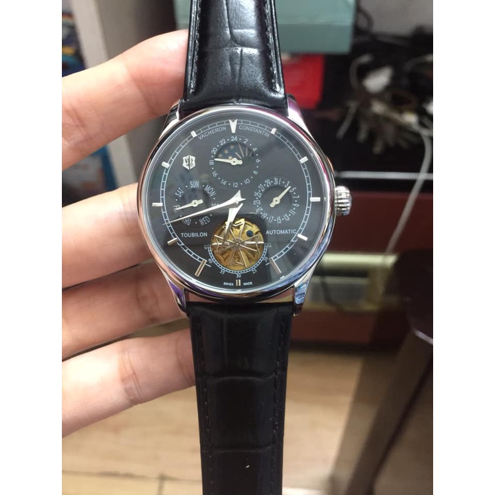 Đồng hồ Nam Vacheron constantin cơ tự động 6kim máy Nhật  size 40-41 mặt đen vỏ trắng có lịch thứ ngày
