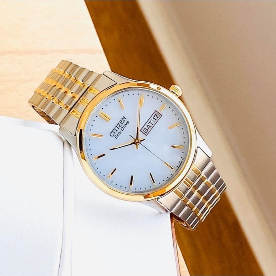 Đồng hồ Nam Citizen BM8454-93A Eco Drive,Size 38mm,Mặt trắng, Lịch thứ ngày-Năng lượng ánh sáng-Dây Demi vàng