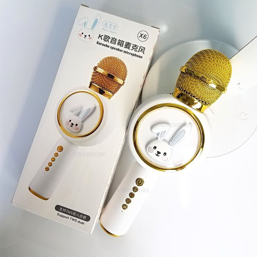 Micro Bluetooth Không Dây karaoke Kèm Loa X6 Hình Thỏ Đáng Yêu đèn led nhấp nháy Âm Thanh Trầm Ấm Hát Hay Bắt Gịong Tốt