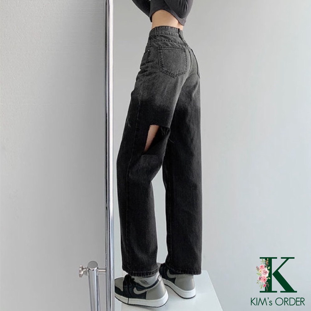 Quần jean nữ màu đen khói loang rách ống, quần bò ống suông phom rộng chất denim cá tính ngầu Ulzzang đủ size loại 1