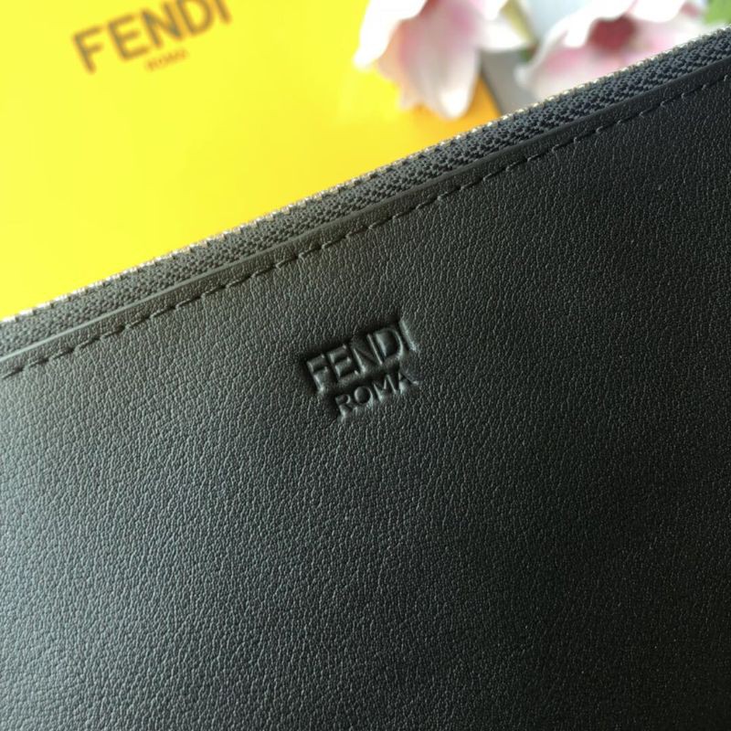 clutch cầm tay nam nữ da thật dáng dài kéo khóa có quai cầm tay họa tiết mắt màu vàng Fendi FD