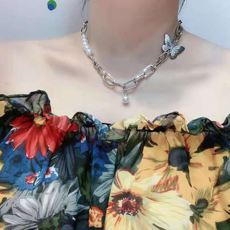 Flgo Vòng cổ Chuỗi Xương Đòn Mặt Bướm Đính Ngọc Trai Thời Trang