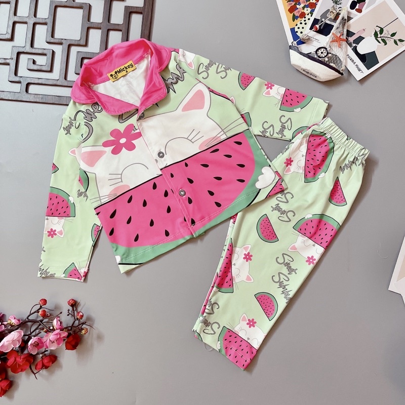 Đồ bộ pijama dài tay bé gái thun lạnh 3D co giãn 4 chiều mặc nhà mặc ngủ in hình dễ thương 22-44kg