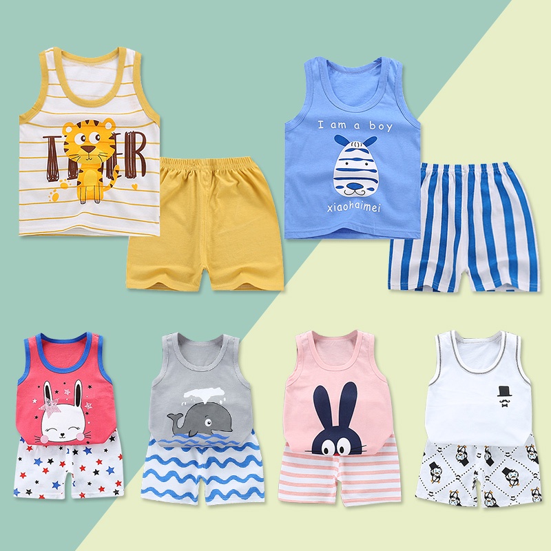 Set Đồ 2 Món Gồm Áo Thun Sát Nách In Họa Tiết Hoạt Hình + Quần Dễ Thương Cho Bé 0-4 Tuổi