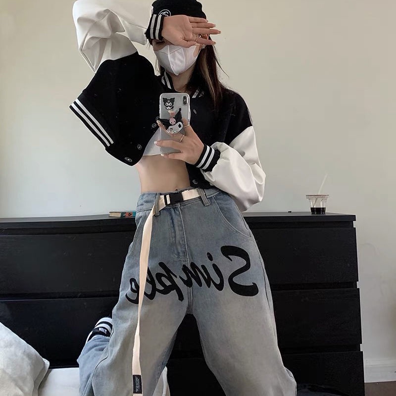 Jiashucheng Quần Jean Dài Lưng Cao Ống Rộng In Họa Tiết Thời Trang Hàn Quốc Cá Tính Cho Nữ