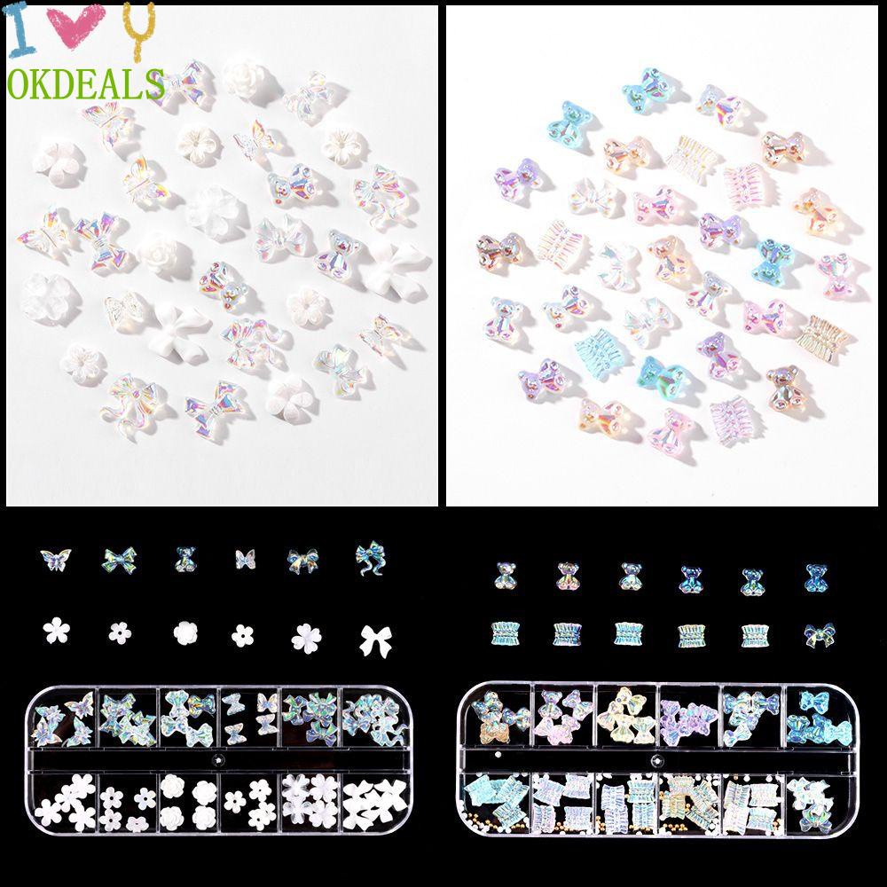 [Hàng mới về] Bộ 60 miếng dán trang trí móng tay hình hoa / gấu / nơ từ acrylic màu trắng cho nữ DIY