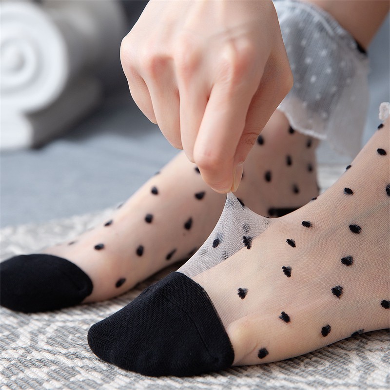 New Arrival Stripe Dot Pattern Sheer Socks Women Nylon JK College Style Lace Crew Socks Mesh Frilly Ankle Socks Ladies Silk Socks