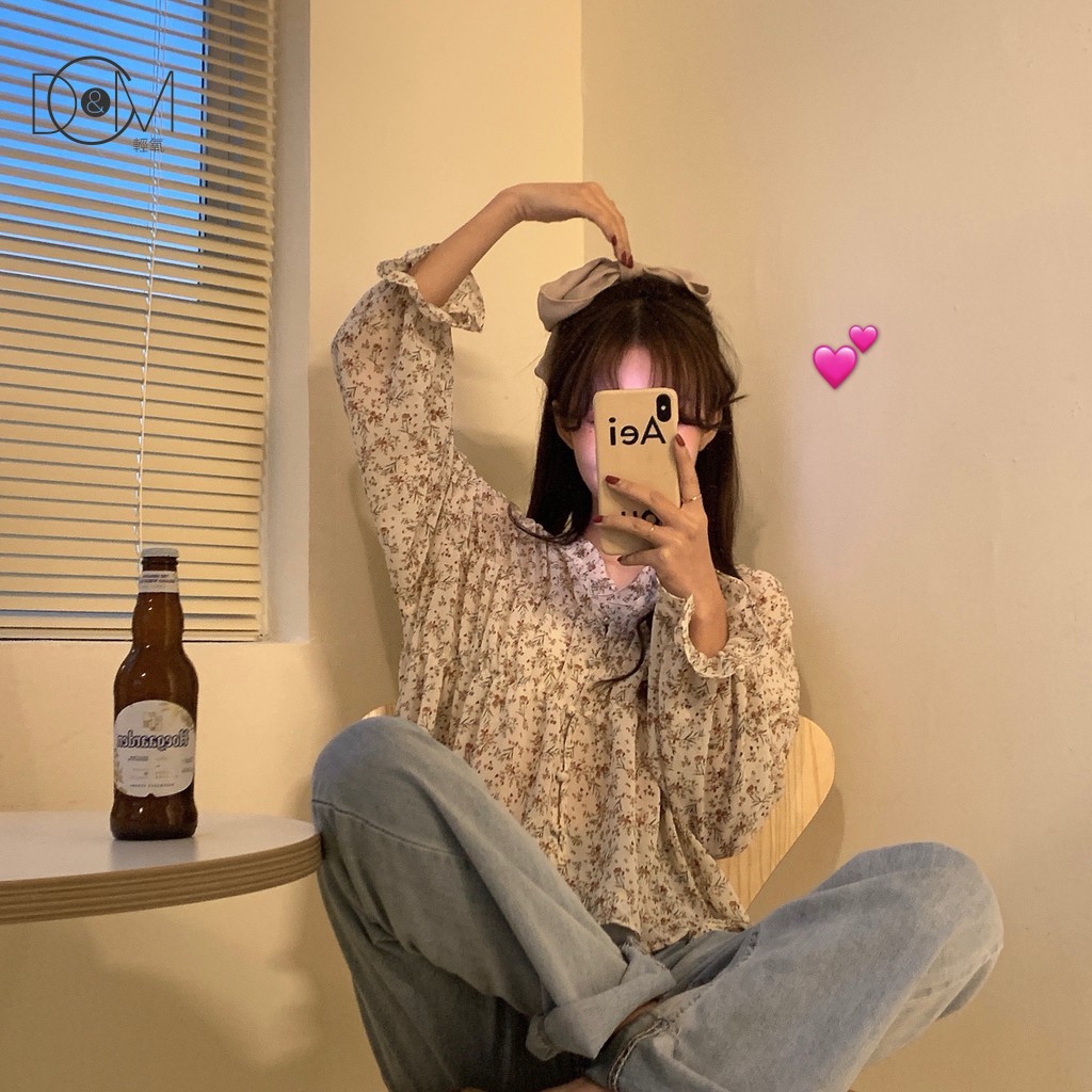 Áo Sơ Mi Dài Tay Họa Tiết Hoa Xinh Xắn Theo Phong Cách Retro Hàn Quốc | BigBuy360 - bigbuy360.vn