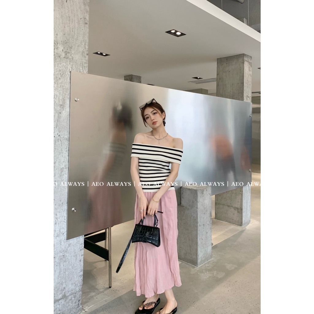 Áo croptop XIAOZHAINV vải dệt kim tay ngắn trễ vai hoạ tiết kẻ sọc thời trang mùa hè quyến rũ