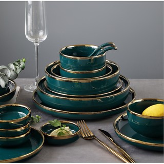 (Set 2-4 Người) Bộ Chén Bát Màu Xanh Bóng Viền Vàng - Phong Cách Bắc Âu - Bảo Hành - Bany Decor