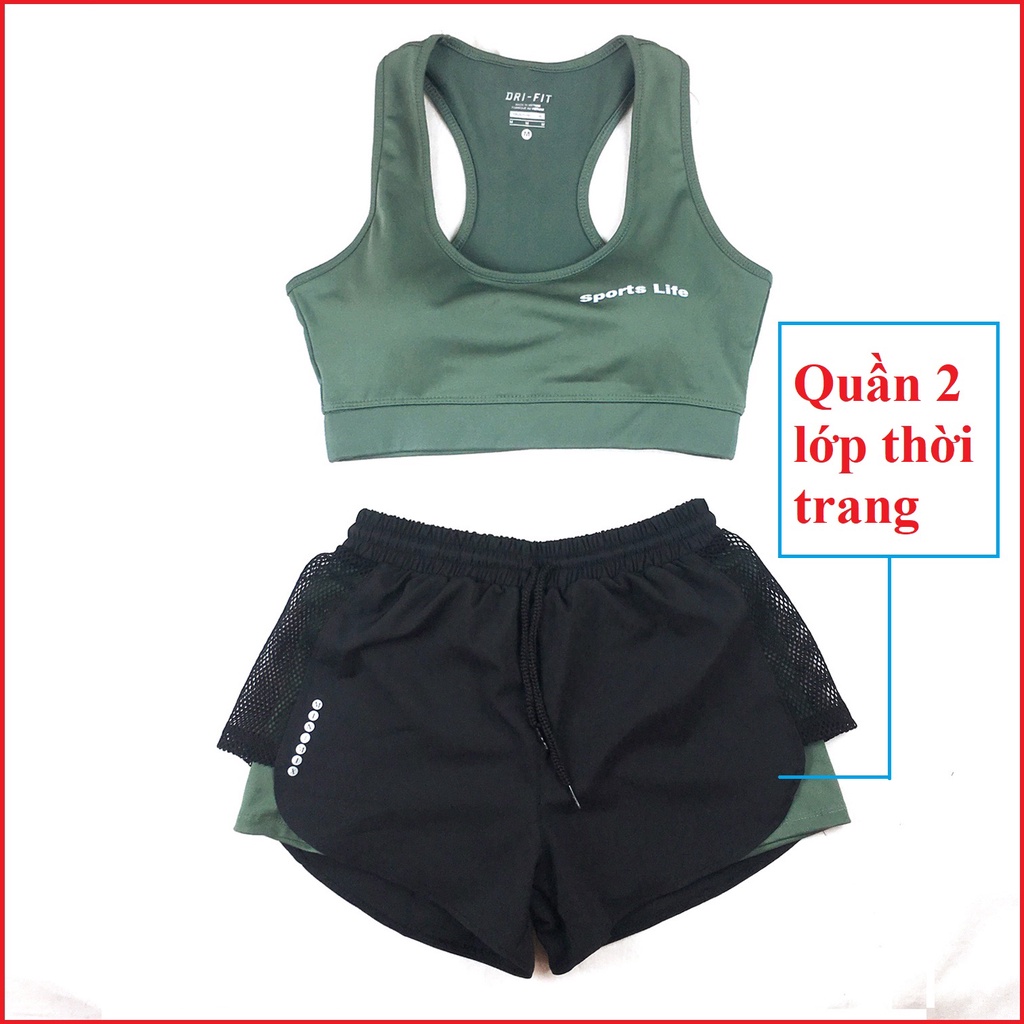 Bộ tập gym nữ,đồ tập gym yoga aerobic bra cổ tròn kèm quần đùi rút dây có kèm mút