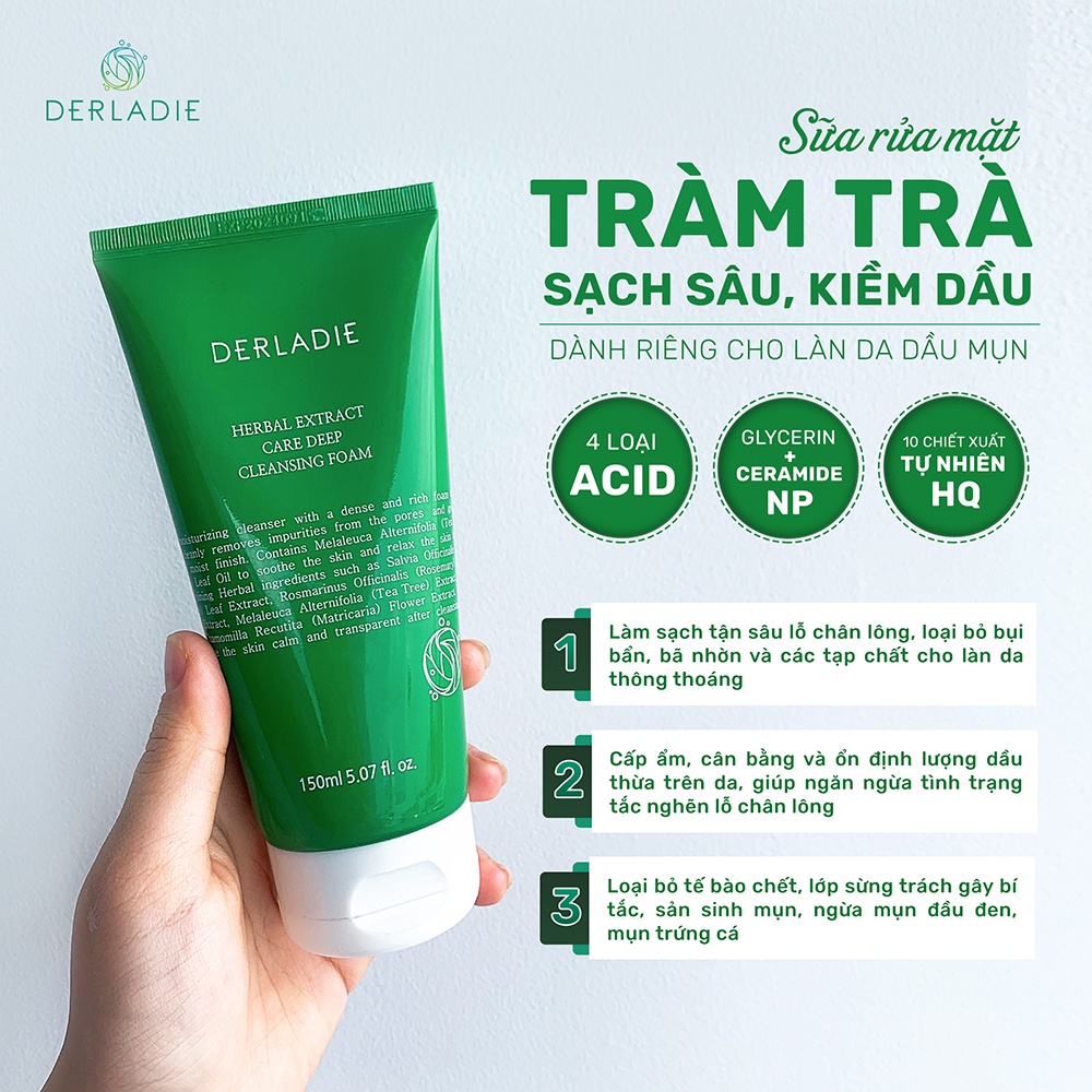 Sữa Rửa Mặt Tràm Trà Derladie Sạch Sâu, Kiềm Dầu Cho Da Mụn Derladie Herbal Extract Care Deep Cleansing Foam 150ml