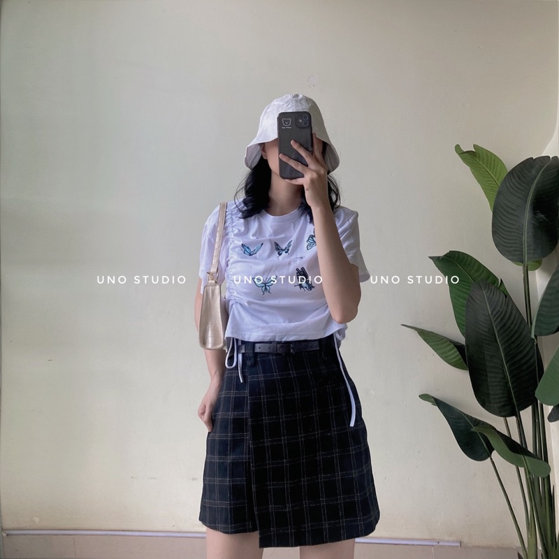 Chân váy dạ kẻ caro màu xanh đen vạt chéo kèm nịt