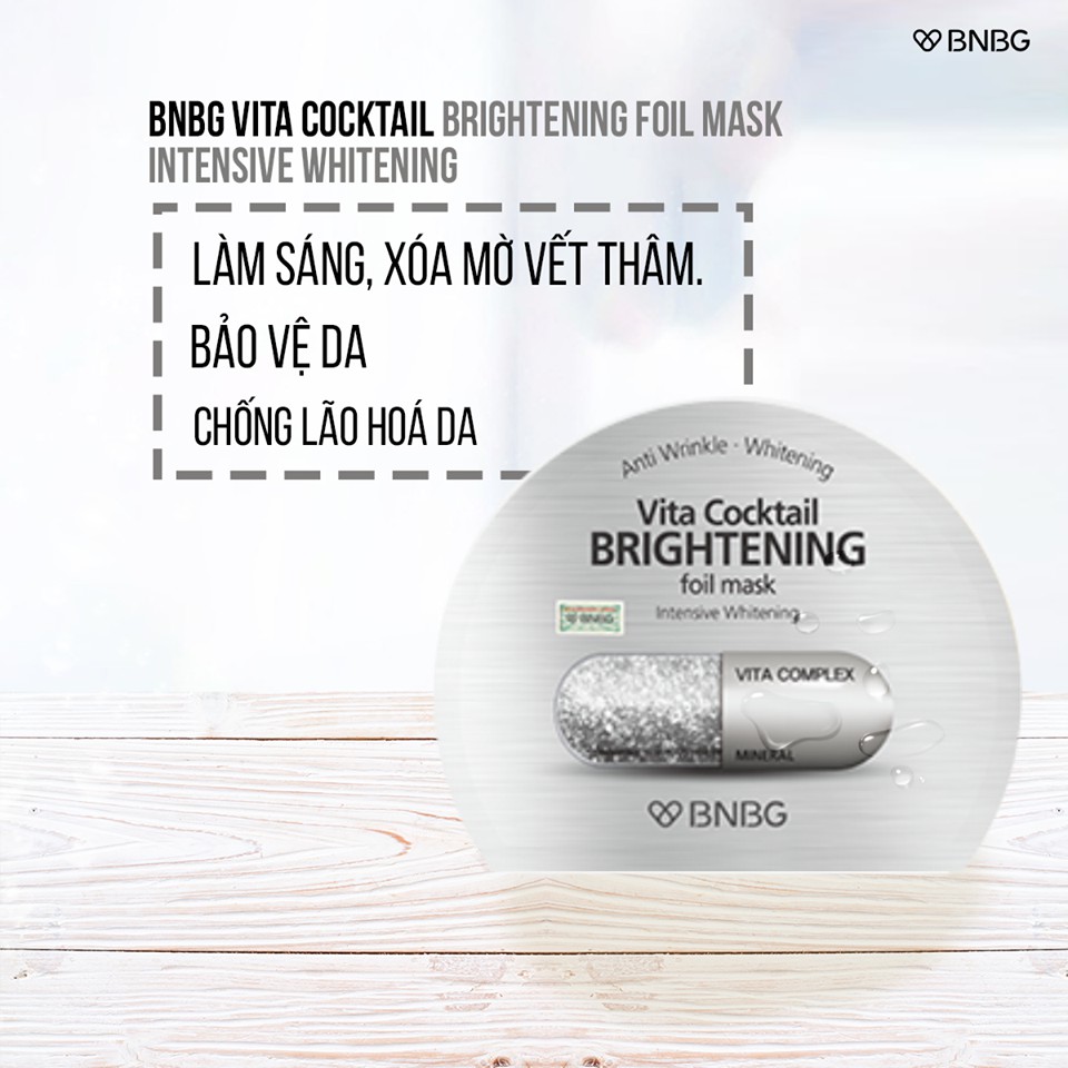 Hộp 10 Mặt nạ cấp ẩm dưỡng da làm mờ vết thâm BNBG Vita Cocktail Brightening Foil Mask - Intensive Brightening 30ml x 10