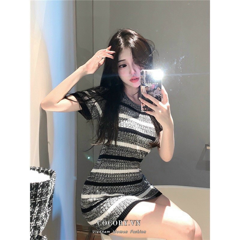 Váy len xước body kẻ sọc