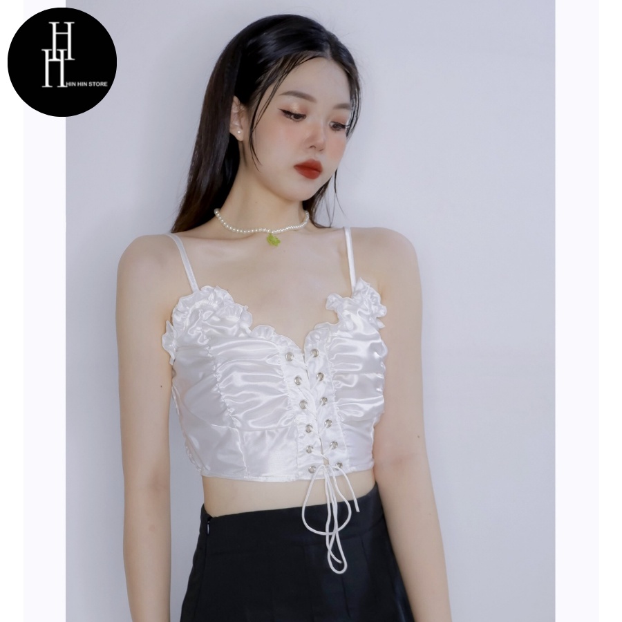 Áo croptop ngắn đan dây viền bèo màu đen &amp; trắng HAC141 Hỉn Hỉn Store