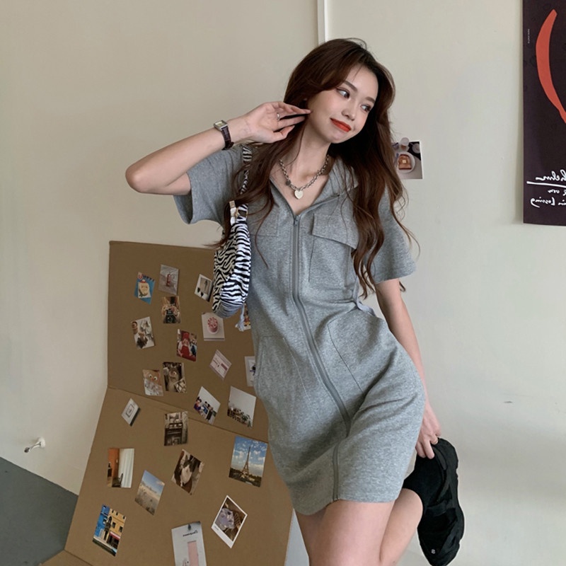 Đầm Perty khóa kéo có mũ trùm đầu thời trang Hàn Quốc đơn giản cho nữ