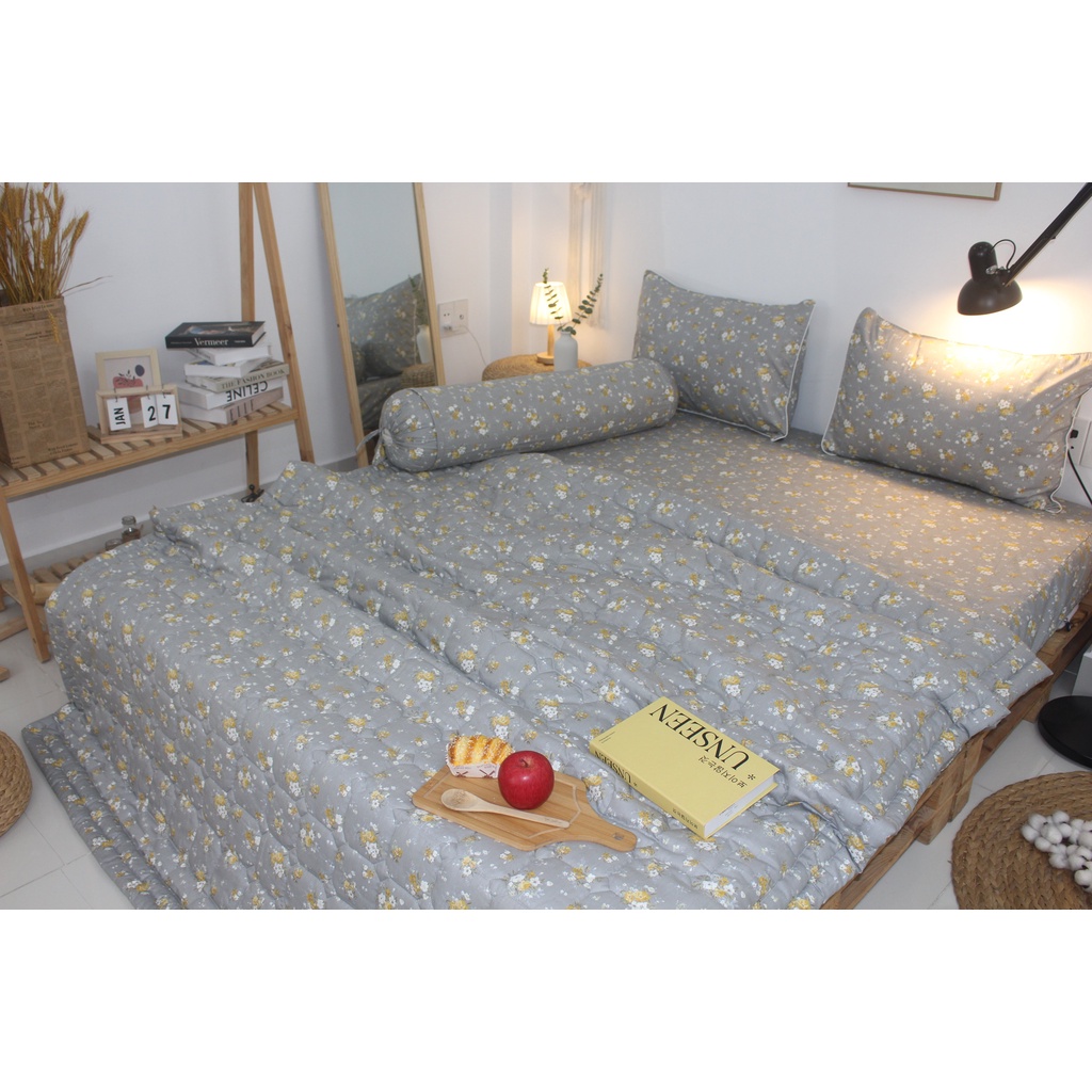 Bộ drap gối KHA LY - cotton thiên nhiên - Nhí Xám Tro - VN302