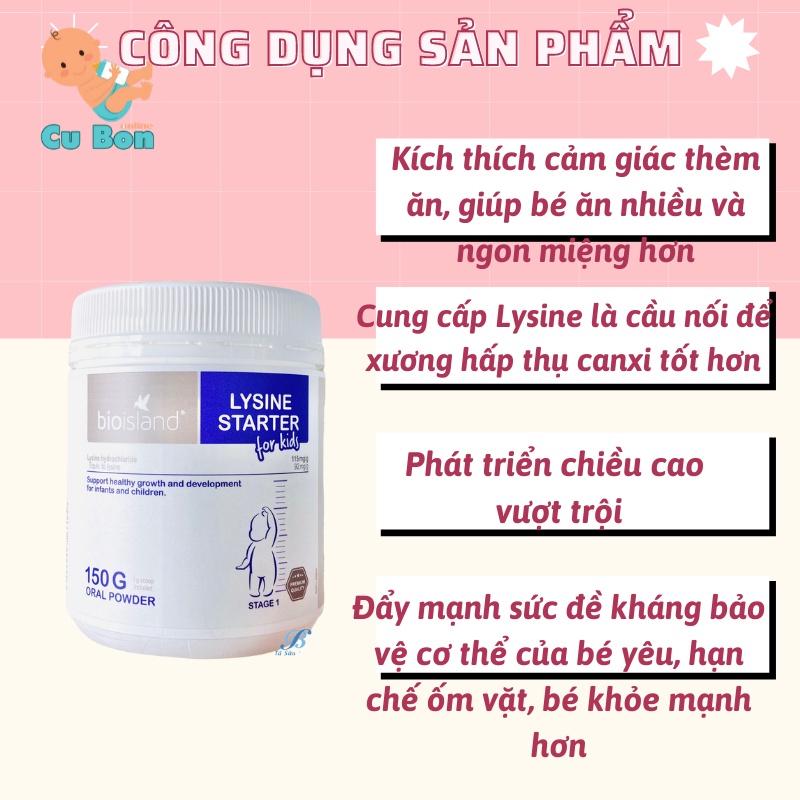 lysine cho bé bio island dạng bột 150g của Úc thúc đẩy Tăng Chiều Cao Cho Trẻ hay biếng ăn chậm lớn từ 7 tháng tuổi