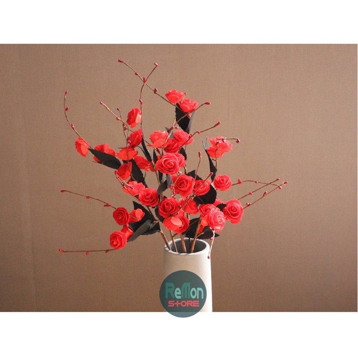 Cành hồng đỏ baby có nụ style vintage retro hoa cao cấp trang trí nhà cửa tiệc cưới, đạo cụ chụp ảnh