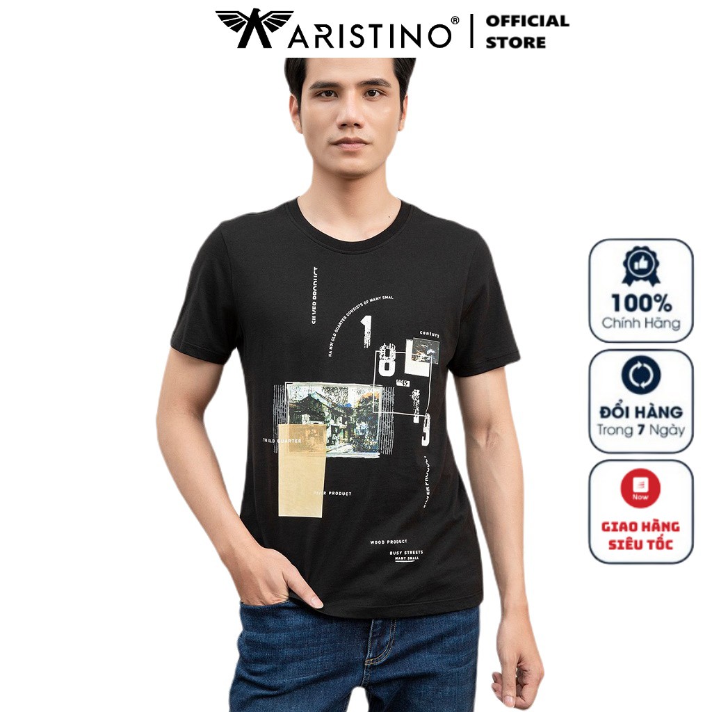 Áo Thun Nam Tay Ngắn Không Cổ Aristino ATS002S1 Màu Đen 9 Dáng Regular Fit Cổ Tròn Vải Cotton Mịn Mát