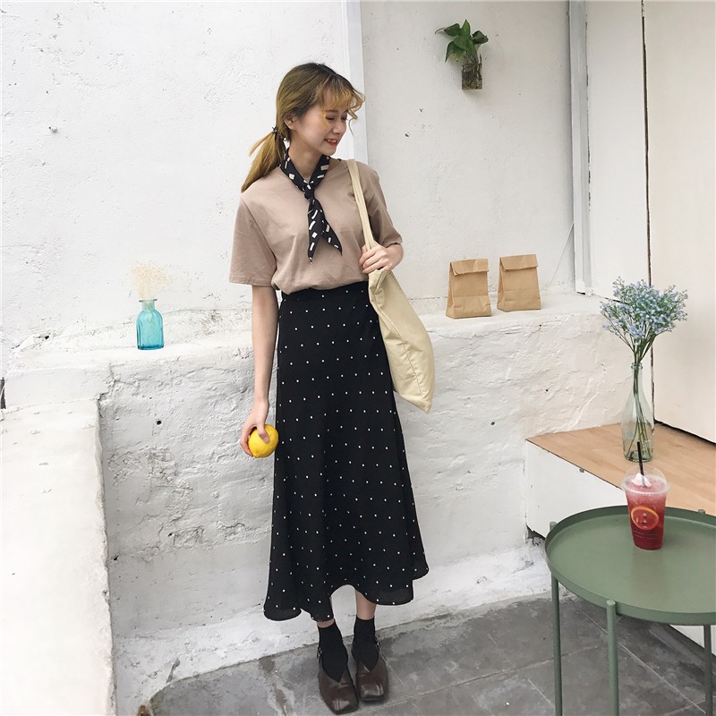Chân váy SUXI maxi chữ A lưng cao hoạ tiết chấm bi phong cách cổ điển