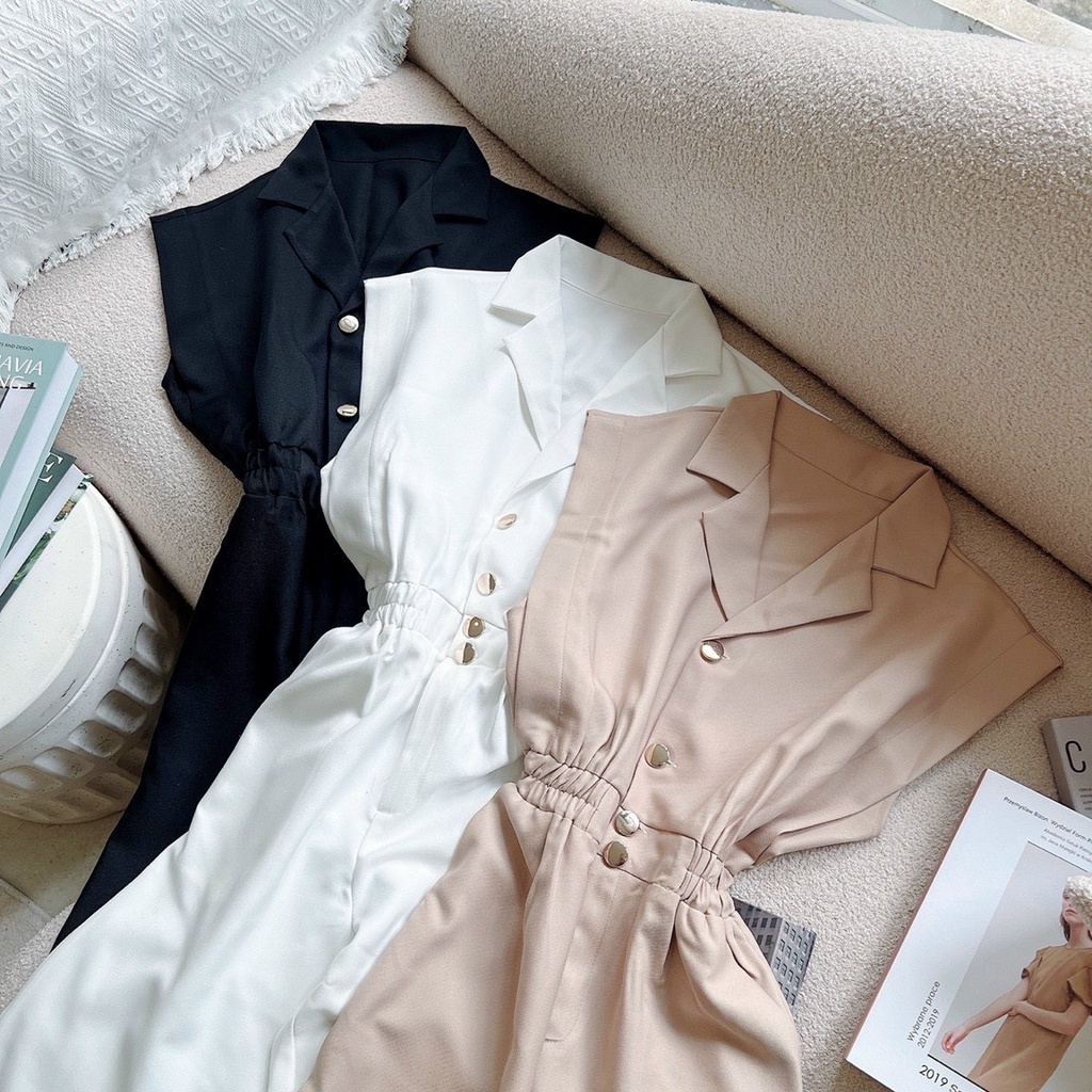 Jumpsuit nữ sát nách quần dài thắt eo sang chảnh 3M đen, trắng, nude NPSET032