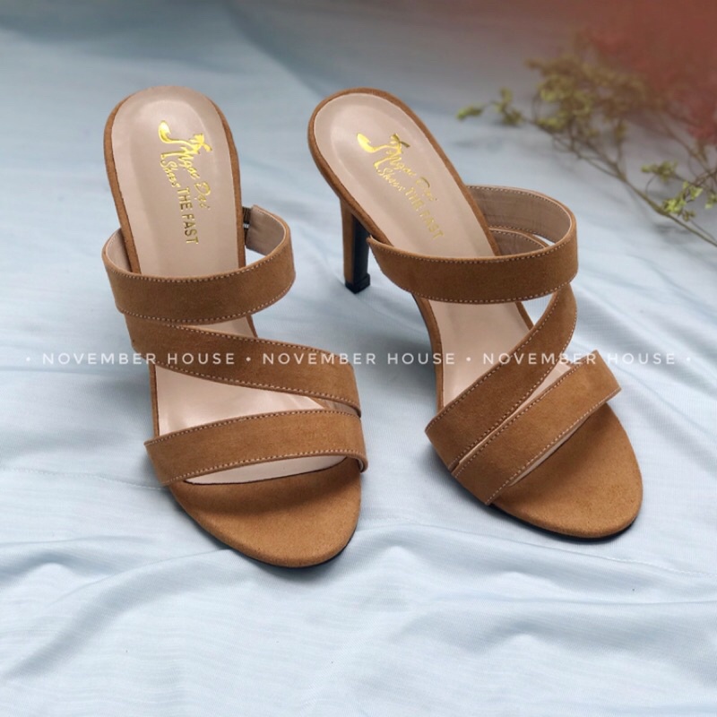 Guốc cao gót kiểu dáng gót nhọn phối dây bản to hoạ tiết trơn 2 màu, G7, Oula Store