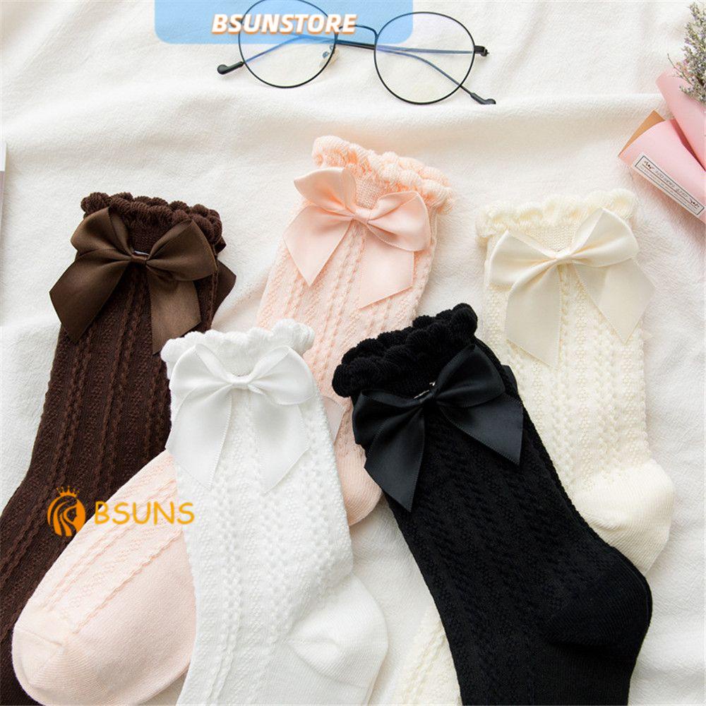 Vớ cotton mềm mại phối ren đính nơ phong cách Lolita Nhật Bản dành cho bé gái