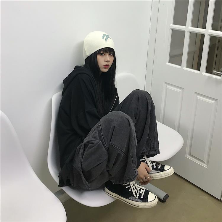 ☑▽❡Quần Jeans Ống Rộng Màu Tối Phối Túi Hộp Thời Trang Thu Đông Hàn Quốc Cho Nam Và Nữ