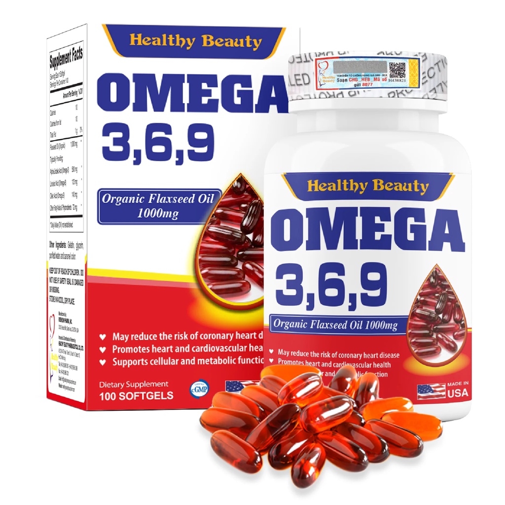 Viên Uống Healthy Beauty Omega 3,6,9 Từ Dầu Hạt Lanh-Tốt cho tim mạch, tốt cho não,da,mắt Lọ 100v