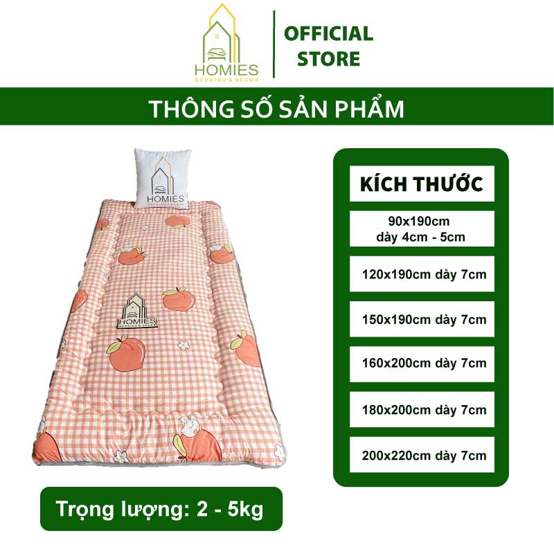 Kèm Túi Xách - Topper nệm bông xuất Nhật HOMIES Bedding & Décor cao cấp , Đệm Topper Đào Cam, Tấm làm mềm đệm cot