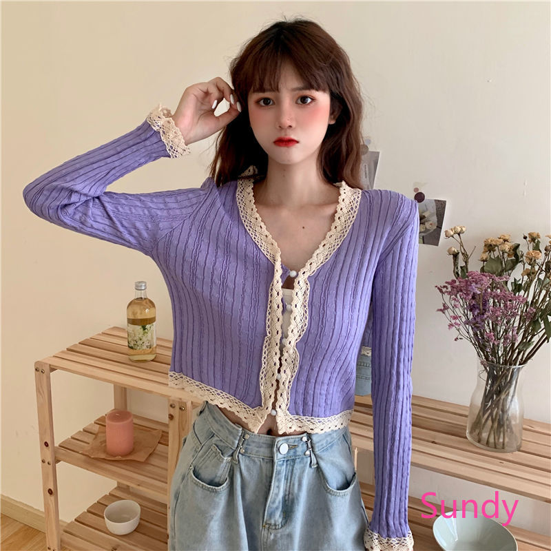 Áo sweater dài tay phối viền ren xinh xắn cho nữ
