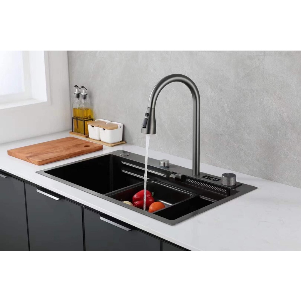 Chậu rửa chén một hố lớn inox 304 phủ Nano Đen Cao Cấp 75 x46 GỒM VÒI THÁC NƯỚC ĐA NĂNG