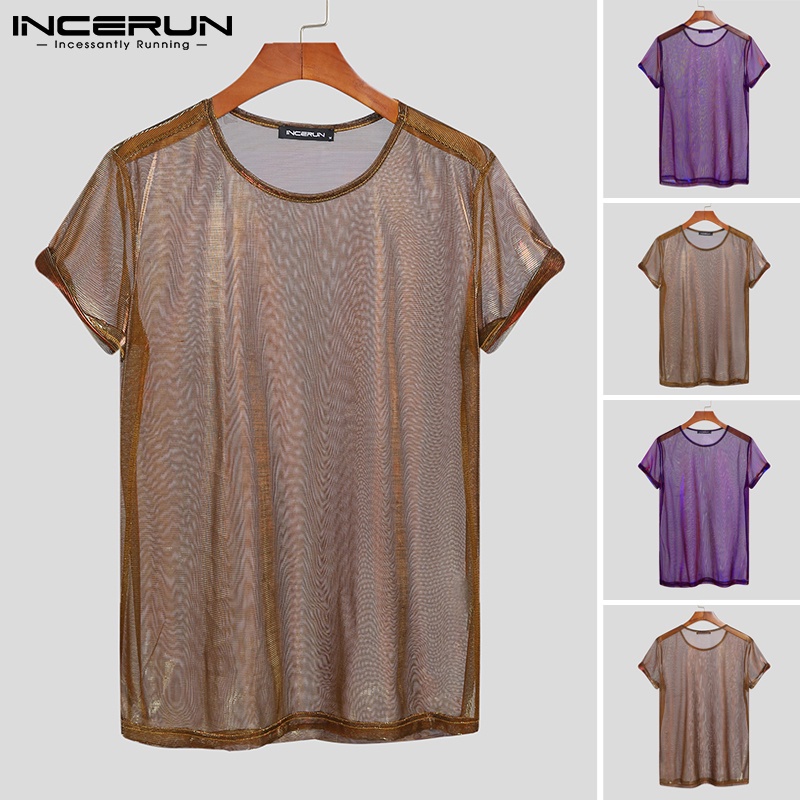 Áo kiểu INCERUN ngắn tay vải mềm mại xuyên thấu sáng bóng quyến rũ thời trang cho nam