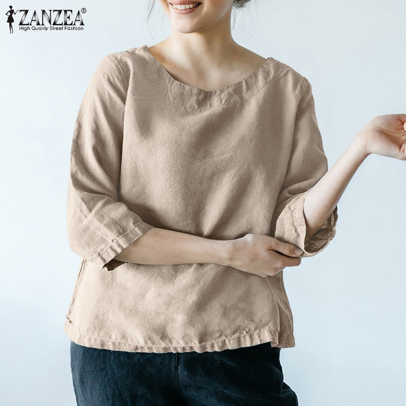 ZANZEA Áo Sơ Mi Cotton Tay Lỡ 3/4 Màu Trơn Cổ Tròn Thời Trang Dành Cho Nữ
