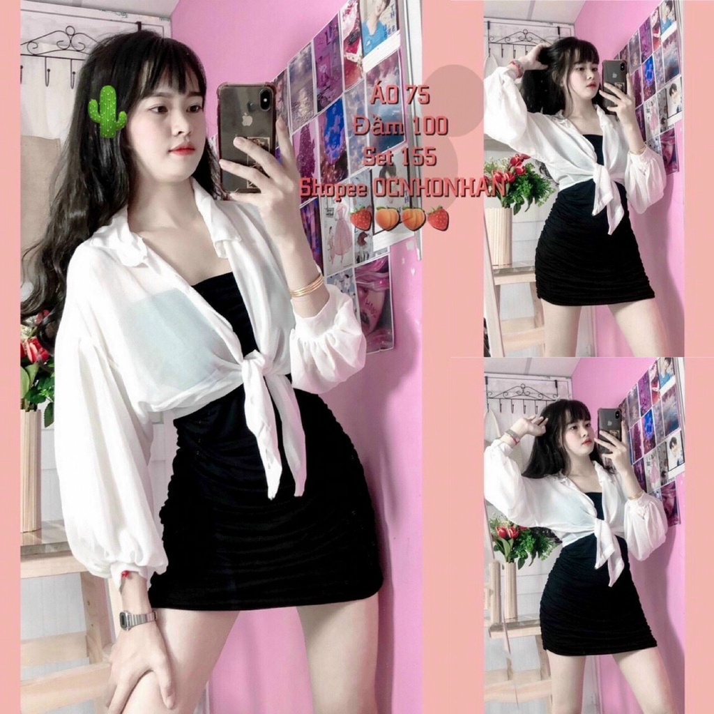 sét đầm body ôm hai dây kèm áo sơ mi cột nơ chất borip mịn sơ mi von #pc