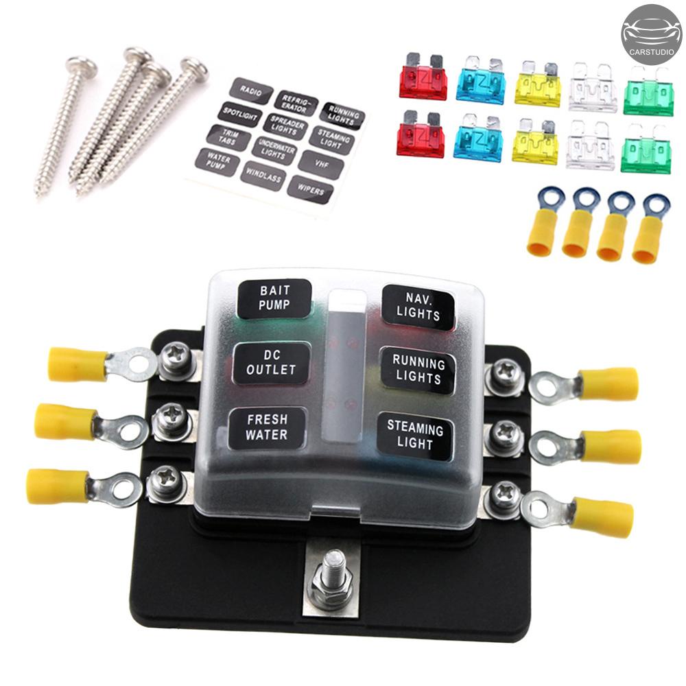 Bộ 10 Hộp Cầu Chì Lưỡi Tiêu Chuẩn 6 Chiều Có Đèn LED + 10 Cầu Chì Cho Tàu Thuyền/Xe Hơi 12V 24V