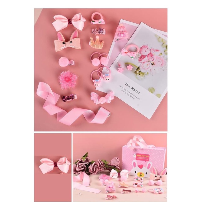 Hộp kẹp tóc quà tặng cho bé gái 18 phụ kiện siêu dễ thương iLita phong cách Hàn Quốc đủ màu hồng