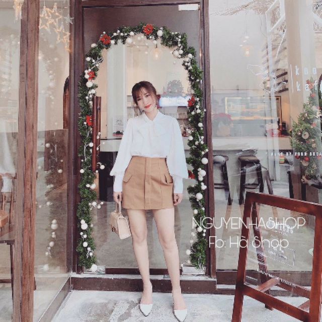 Sét áo sơ mi cổ nơ tay bồng
